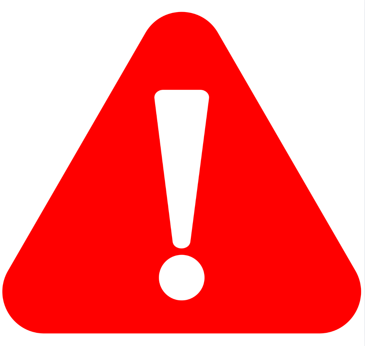 Red triangle with a white exclamation mark on a white background
